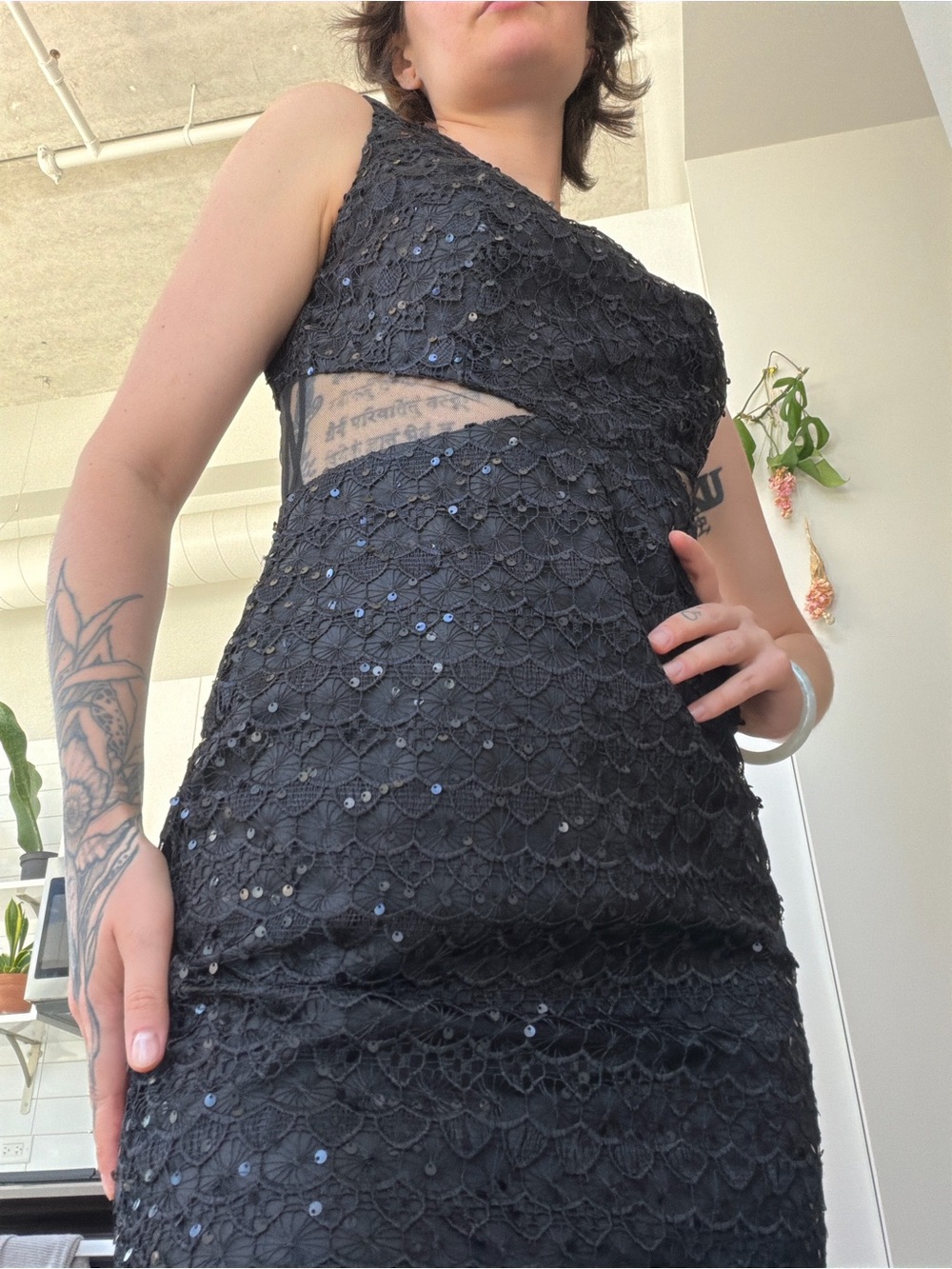 Adrianna Papell Black Lace Sequin Cutout Dress
